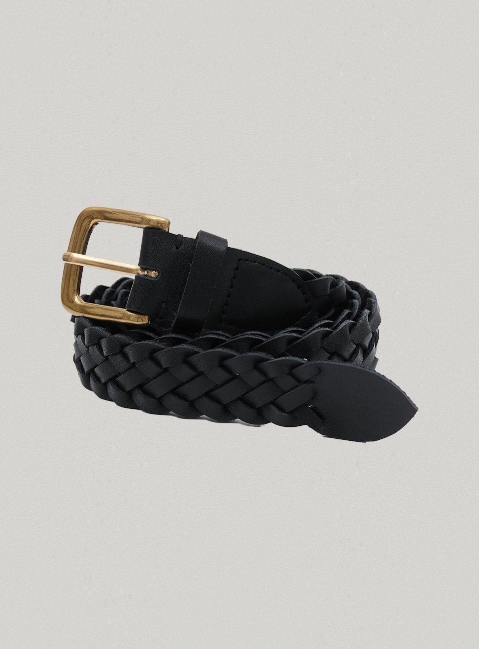 Black Leather Twist Belt with Gold Brass Buckle